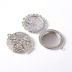 Silver Flat Round Brass Diffuser Locket Pendants, Silver Color Plated, 32x27mm, Hole: 2mm