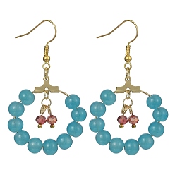 Sky Blue Imitation Jade Glass Beaded Ring Dangle Earrings, Golden Iron Wire Wrap Long Drop Earrings, Sky Blue, 53.5x30mm
