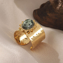 Лабрадорита Овальные кольца из натурального лабрадорита, широкие манжеты из нержавеющей стали для женщин, внутренний диаметр: 19 мм