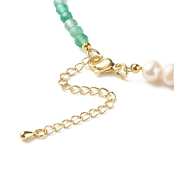 Medium Aquamarine Natural Pearl Beaded Necklace, Round Natural Striped Agate Reiki Beads Necklace for Women, Golden, Medium Aquamarine, 16 inch(40.5cm)