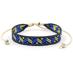 Prussian Blue Ethnic Style Polyester Flat with Rhombus Cord Bracelet, Adjustable Bracelet for Women, Prussian Blue, 6-1/4~9-1/2 inch(16~24cm)