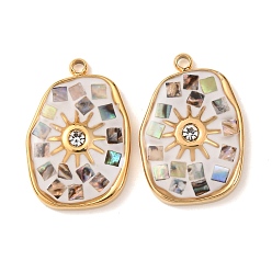 Белый 304 нержавеющей стальной эмали подвески, самородки прелести, с раковиной и горный хрусталь, золотые, белые, 20x13.5x3 мм, отверстие : 1.5 мм