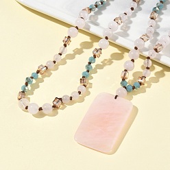 Rose Quartz Natural Rose Quartz Rectangle Pendant Glass Beaded Long Necklaces, 29.92 inch(76cm)