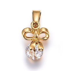 Золотой 304 прелести нержавеющей стали, с кубического циркония, бантом, прозрачные, золотые, 13x10x5.5 мм, отверстие : 5x3 мм