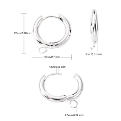 Silver 201 Stainless Steel Huggie Hoop Earring Findings, with Horizontal Loop and 316 Surgical Stainless Steel Pin, Silver, 20x18x3mm, Hole: 2.5mm, Pin: 1mm