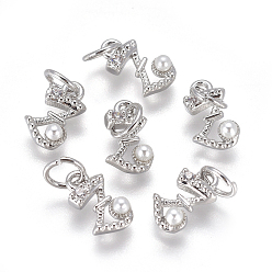 Letter Z Латунь прелести, с фианитами и оболочки жемчужиной шарик, буквы, платина, прозрачные, letter.z, 9.5~11x3.5~10.8x3~3.5 мм, отверстие : 3.5 мм