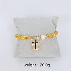 Cross Прямоугольные браслеты с подвесками из латуни в стиле бохо, круглые бусины эластичные браслеты для женщин, с жемчугом и кубическим цирконием, золотые, крестик, внутренний диаметр: 2-3/8 дюйм (6 см)