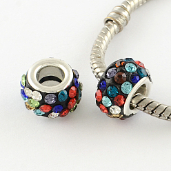 Colorful Polymer Clay Rhinestone European Large Hole Beads with Silver Color Plated Brass Cores, Rondelle, Colorful, 11~12x7~7.5mm, Hole: 5mm
