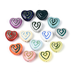 (52) Непрозрачная лаванда Ручной фарфоровые керамические шарики, сердце, Famille выросли стиле, разноцветные, 20x22.5x9.5 мм, отверстие : 2.5 мм