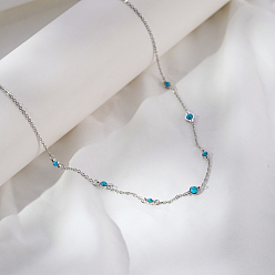 Stainless Steel Color Vintage Synthetic Blue Turquoise 304 Stainless Steel Flat Round Link Chain Necklaces for Women, Stainless Steel Color, 16.54 inch(42cm)
