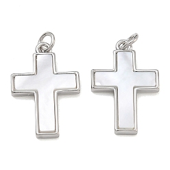 Platinum Rack Plating Brass & White Shell Pendants, Cross Charms, Cadmium Free & Lead Free, Platinum, 23x15x2mm, Hole: 3.5mm