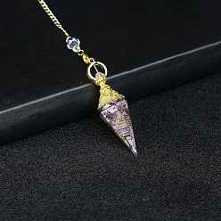 Amethyst Resin Cone Dowsing Pendulums, Natural Amethyst Chip inside and Metal Findings Charm, 380mm