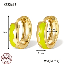 Yellow 925 Sterling Silver Thick Hoop Earrings, with Enamel, for Women, Real 18K Gold Plated, Yellow, 12x3mm