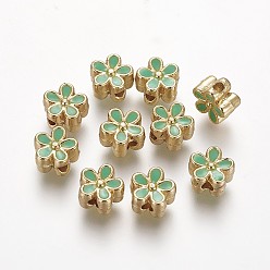 Light Green Brass Enamel Beads, Long-Lasting Plated, Flower, Real 18K Gold Plated, Light Green, 7x3.3mm, Hole: 1.6mm
