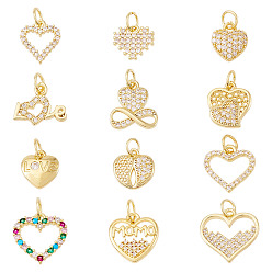 Настоящее золото 18K 12 шт 12 стили латунные подвески из микропаве с фианитом, сердце прелести, без свинца и без кадмия, долговечный, стойки покрытие, с целью перехода в кольце, реальный 18 k позолоченный, 9.5~14.5x9~16x1.5 мм, отверстие : 3.5 мм, 1 шт / стиль