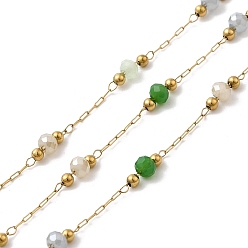 Золотой Ручная работа 304 цепи из нержавеющей стали и стеклянных бусин, пайки, с 316 цепью и катушкой из нержавеющей стали, ионное покрытие (ip), круглые, золотые, бусины : 3 мм и 2 мм