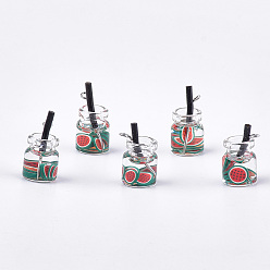 Средняя Орхидея Стеклянные подвески для бутылок, со смолой и полимерной глиной, пластиковые и железные находки, сок, платина, средне орхидеи, 18~23x11~14x11 мм, отверстие : 1.8 мм