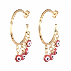 Red 304 Stainless Steel Dangle Stud Earrings, Half Hoop Earrings, with Brass Enamel Charms and Ear Nuts, Evil Eye, Golden, Red, 44x33x4mm, Pin: 0.8mm