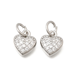 Платина Латунные подвески с микропаве на День святого Валентина, прозрачные циркониевые подвески, сердце прелести, стойки покрытие, долговечный, без свинца и без кадмия, платина, 10x9x2.8 мм, отверстие : 4 мм