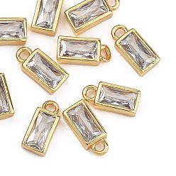 Real 18K Gold Plated SHEGRACE Brass Clear Cubic Zirconia Charms, Cadmium Free & Nickel Free & Lead Free, Rectangle Charms, Real 18K Gold Plated, 8x4x2.5mm, Hole: 1mm