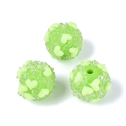 Lawn Green Opaque Acrylic & Transparent Resin Rhinestone Beads, Rondelle with Heart Pattern, Lawn Green, 16.5~17.5x15mm, Hole: 2.3mm
