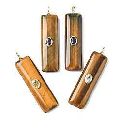 Тигровый глаз Природных тигровый глаз подвески, прямоугольные подвески с латунной микропаве кубическими цирконами, золотые, цвет циркона случаен, 51x13x7 мм, отверстие : 3x2 мм