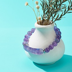 Аметист Эластичный браслет из бусин из натурального аметиста, украшения из драгоценных камней для женщин, прямоугольные браслеты с подвесками, внутренний диаметр: 2-1/8 дюйм (5.3 см)