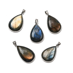 Платина Природные подвески лабрадорита, латунные подвески-капли, без кадмия и без свинца, платина, 29~30.5x17.5~19x6~6.5 мм, отверстие : 5.5x4.5 мм