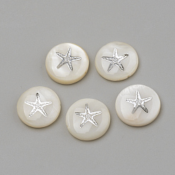 Platinum Natural Freshwater Shell Beads, Flat Round & Starfish/Sea Stars, Platinum, 15x4mm, Hole: 1mm