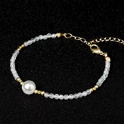 White Handmade White Round Shell Pearl and Faceted Round Glass Beaded Bracelets for Women, Golden, White, 6.30 inch(16cm)