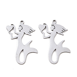 Нержавеющая Сталь Цвет 201 подвески из нержавеющей стали, русалка с сердечком, цвет нержавеющей стали, 26.5x19.5x1 мм, отверстие : 1.4 мм