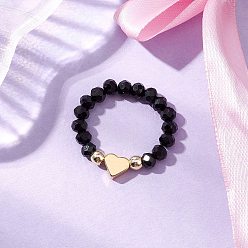 Черный Кольца-растяжки из стеклянных и латунных бусин для женщин, сердце, чёрные, внутренний диаметр: 23 мм