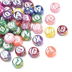 Mixed Color Plating Opaque Acrylic Beads, Iridescent, Flat Round with Letter, Mixed Color, 7x3.5mm, Hole: 1.8mm