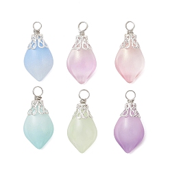 Платина Имитация нефрита стеклянные подвески, очарование лепестка, с железной и медной проволокой, платина, 26.5x13x8 мм, отверстие : 3.4 мм