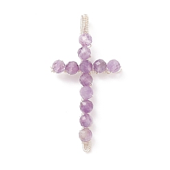 Аметист Подвески из натуральных аметистов с ограненными круглыми бусинами, с посеребренными латунными выводами, крест прелести, 41.5~43x21~23x5~6 мм, отверстие : 2x3.5 мм