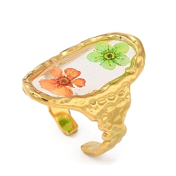 Real 18K Gold Plated Oval Epoxy Resin with Dry Flower Cuff Rings, Ion Plating(IP) 316 Surgical Stainless Steel Finger Ring, Real 18K Gold Plated, US Size 7 1/4(17.5mm)