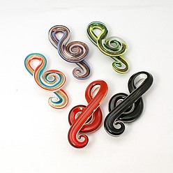 Mixed Color Handmade Gold Sand Lampwork Big Pendants, Music Note, Mixed Color, 70x35mm