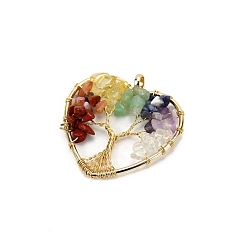 Сердце Древо жизни из натуральных и синтетических драгоценных камней с подвесками в металлической проволоке, золотые, сердце, 50 мм