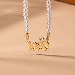 Number Женские ожерелья из круглого белого бисера с имитацией жемчуга и подвеской в виде короны в виде года рождения, золотые, число 1980, 14.96 дюйм (38 см)