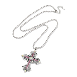 Rose Colliers à pendentif croix en strass, avec des chaînes à billes en alliage d'argent antique, rose, 27.56 pouce (70 cm)