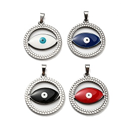 Mixed Color 304 Stainless Steel Pendants, with Enamel, Flat Round with Evil Eye Charm, Stainless Steel Color, Mixed Color, 28.5x25.5x3mm, Hole: 5x3.5mm