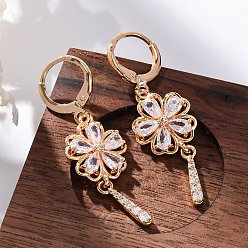 Золотой Серьги с застежкой-защелкой из латуни с прозрачным фианитом и прозрачным фианитом, стойки покрытие, долговечный, без свинца и без кадмия, цветок, золотые, 42.5x13.5 мм