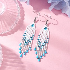 Светло-Голубой 304 серьги-подвески из нержавеющей стали с бусинами и стеклянными кисточками, сприродным магнезитом, золотые, Небесно-голубой, 75x15 мм