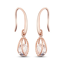 Rose Gold Creative Design Rose Gold Plated Brass Hook Earrings, Leaves with AAA Cubic Zirconia, 30mm, Pin: 1x0.7mm