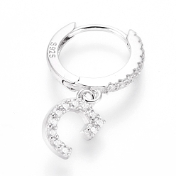 Letter C Rhodium Plated 925 Sterling Silver Hoop Earrings, Dangle Earrings, with Cubic Zirconia, with S925 Stamp, Letter, Clear, Platinum, Letter.C, 19.5mm, Pendants: about 8.2x5.3x1.5mm, Pin: 0.6mm