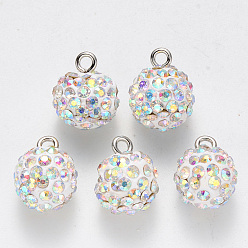 Хрусталь AB Подвески со стразами из полимерной глины, с железной петлей с платиновым покрытием, круглые, проложить диско-шар, хрусталь AB, С. 16 (2.2~2.3 мм), 15x12 мм, отверстие : 2 мм