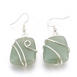 Green Aventurine Natural Green Aventurine Dangle Earrings, with Silver Color Plated Brass Findings, Rectangle, 47mm, Pin: 0.7mm