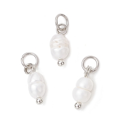 Платина Подвески-картофелины из натурального пресноводного жемчуга с латунными соединительными кольцами, цветочный белый, платина, 9.5~10.5x4~4.5x3.5~4.5 мм, отверстие : 2.5 мм