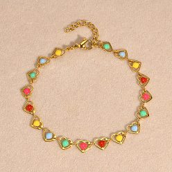 Colorful Stainless Steel Link Chain Braclets, Enamel Style, Heart, Colorful, 6-3/4~8-1/2 inch(17~21.5cm)