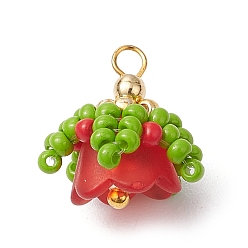 Красный Подвески из нейлоновой проволоки, стеклянных бусин ручной работы с акриловыми колпачками и латунными бусинами, цветок, красные, 14~15x13~15x13~14 мм, отверстие : 2.5x2 мм